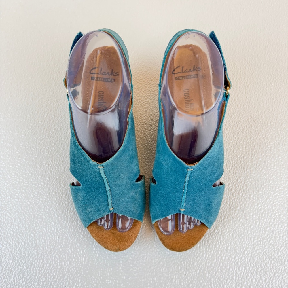 Clarks Collection Helio Float Cork Wedge Sandal, Teal / Blue Soft Suede Size 7 - Picture 3 of 9